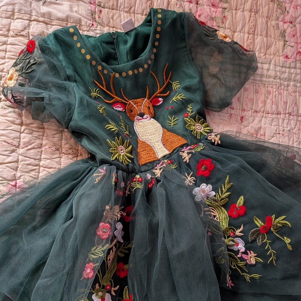 Taylor Green Tulle Dress with Embroidered Deer and Floral Accents